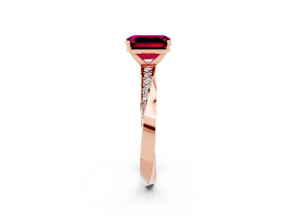 Rose gold Emerald Cut Garnet Engagement Ring with Side Stone Accents and Four-Prong Setting