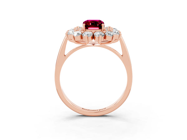 Rose gold Emerald Cut Garnet Floral Double Halo Engagement Ring with Prong Setting