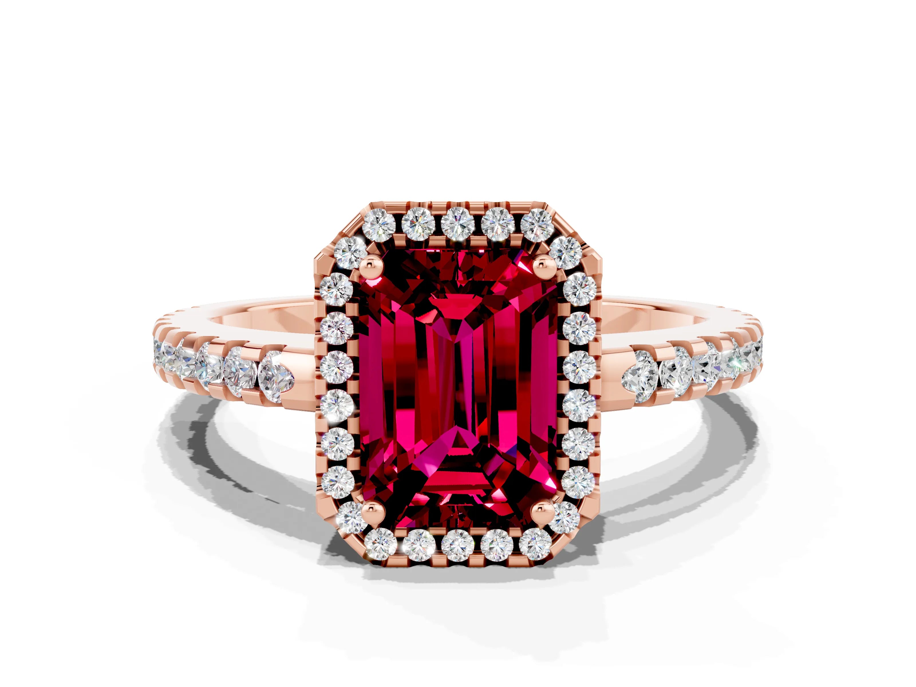 Rose gold Emerald Cut Garnet Halo Engagement Ring with Pavé Band and Prong Setting_12