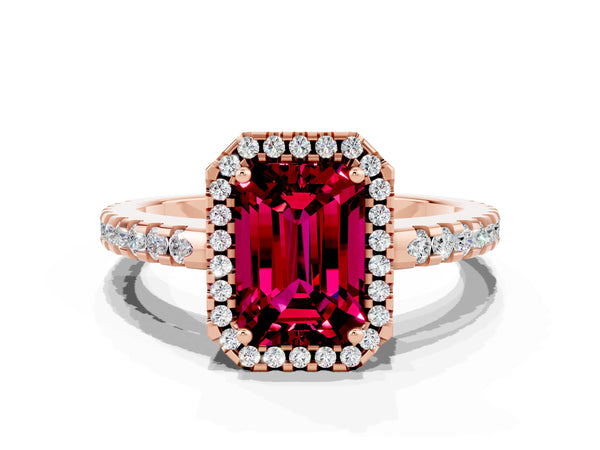 Rose gold Emerald Cut Garnet Halo Engagement Ring with Pavé Band and Prong Setting