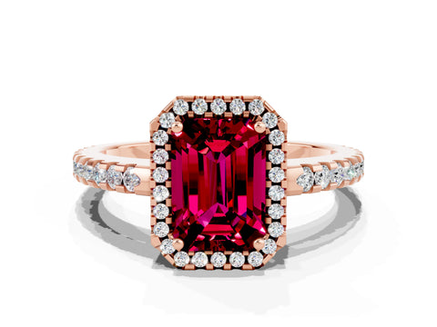 Rose gold Emerald Cut Garnet Halo Engagement Ring with Pavé Band and Prong Setting_12