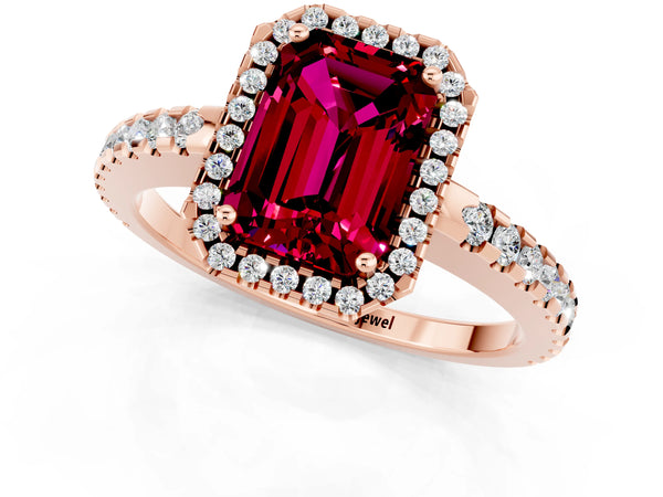 Rose gold Emerald Cut Garnet Halo Engagement Ring with Pavé Band and Prong Setting