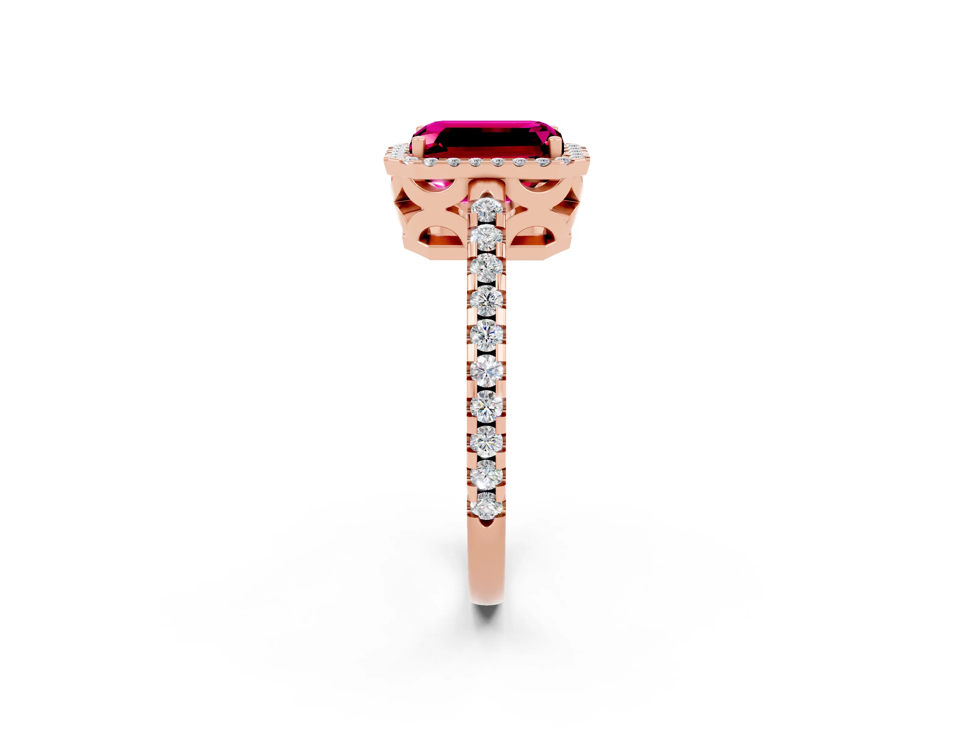 Rose gold Emerald Cut Garnet Halo Engagement Ring with Pavé Band and Prong Setting_14