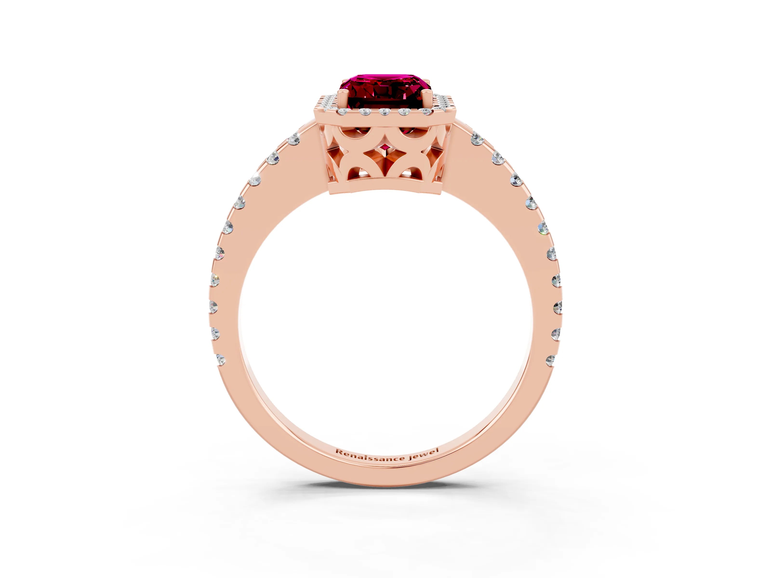 Rose gold Emerald Cut Garnet Halo Engagement Ring with Pavé Band and Prong Setting_15