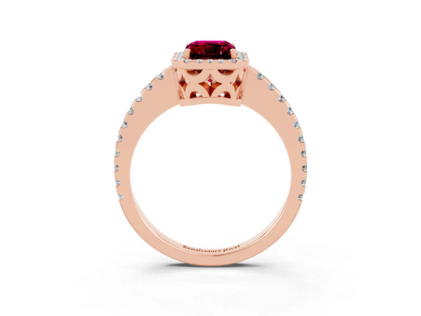 Rose gold Emerald Cut Garnet Halo Engagement Ring with Pavé Band and Prong Setting