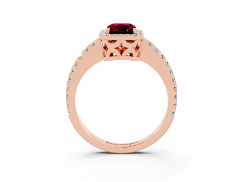 Rose gold Emerald Cut Garnet Halo Engagement Ring with Pavé Band and Prong Setting_15