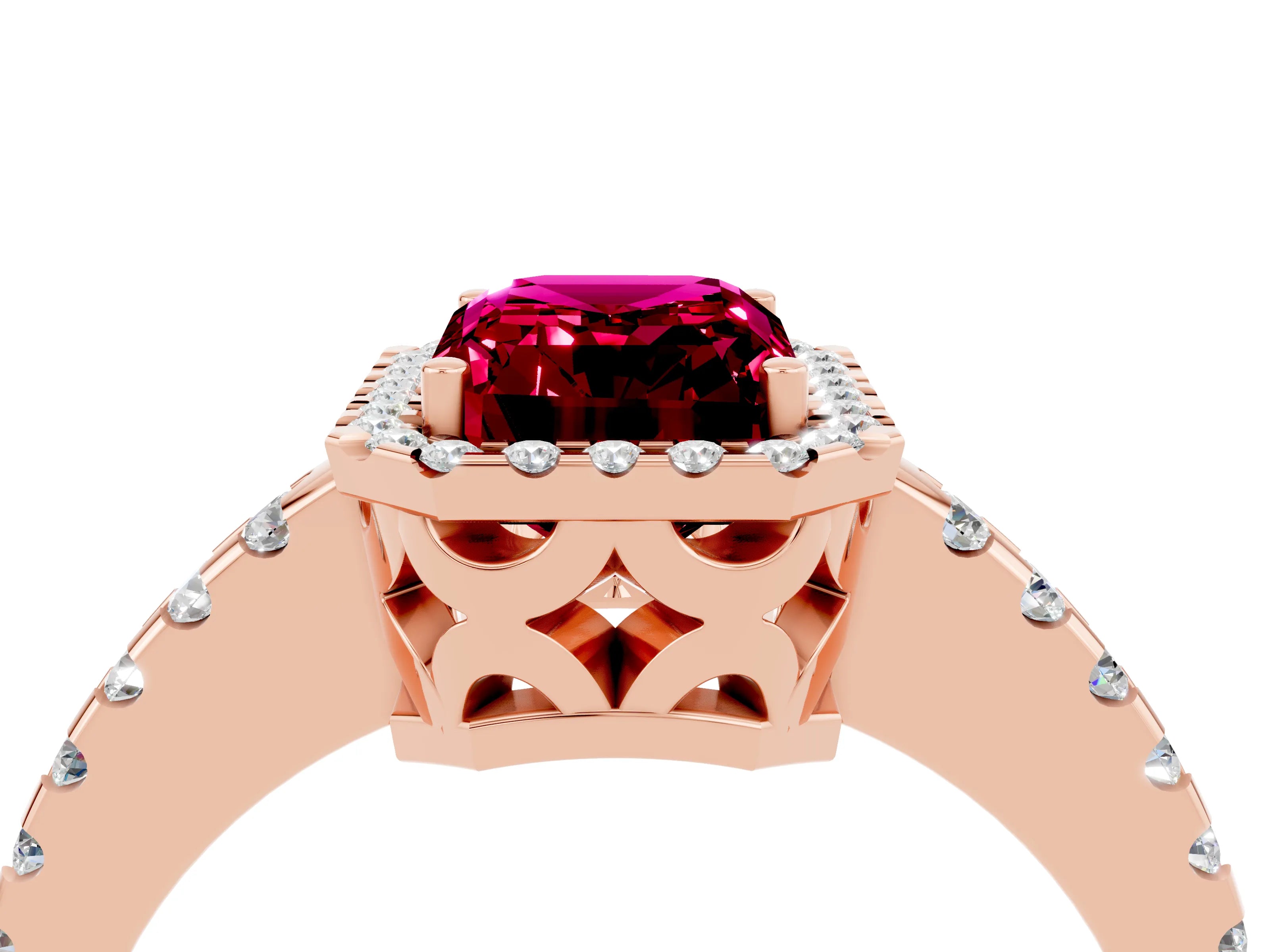 Rose gold Emerald Cut Garnet Halo Engagement Ring with Pavé Band and Prong Setting_16