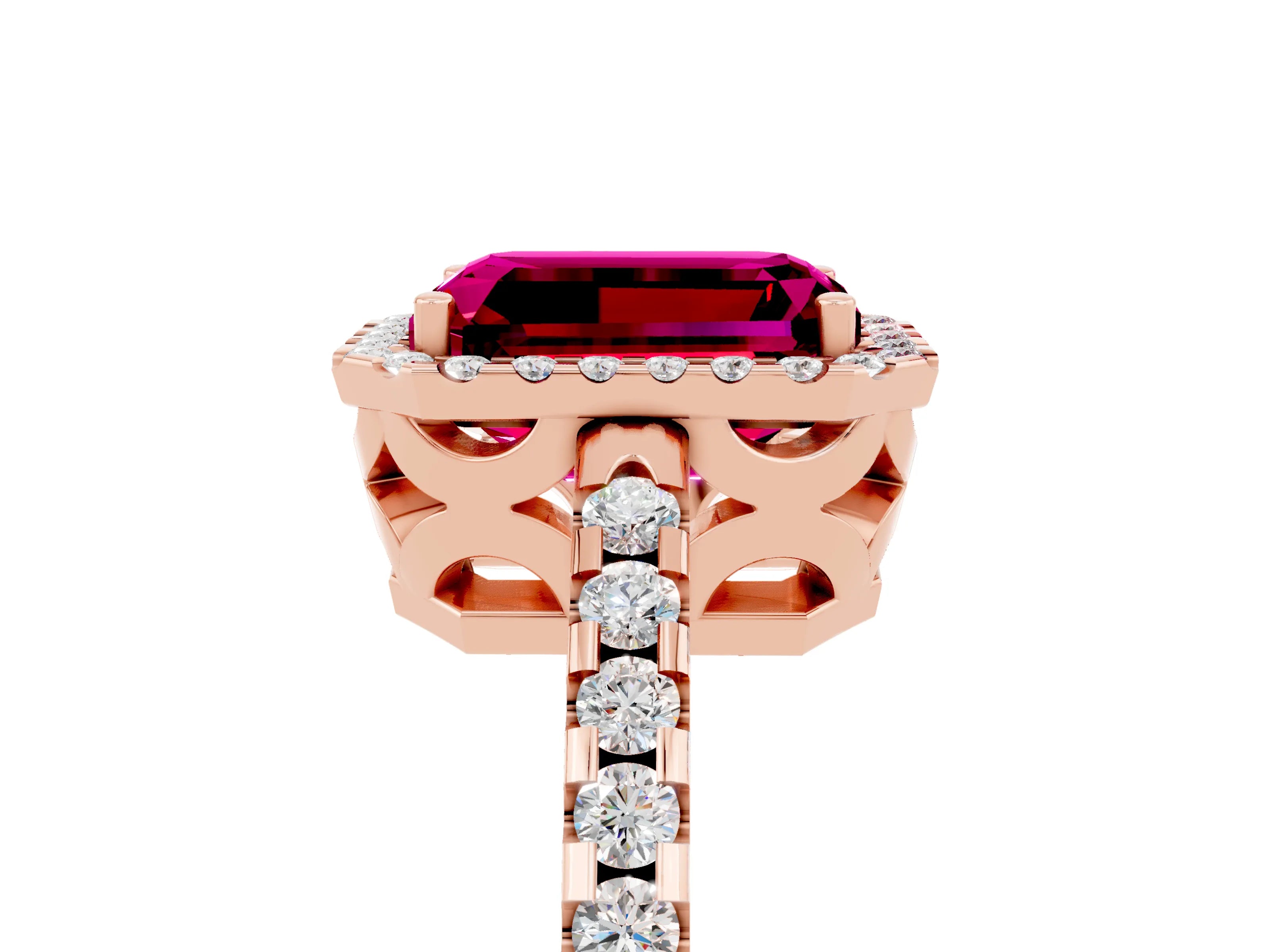 Rose gold Emerald Cut Garnet Halo Engagement Ring with Pavé Band and Prong Setting_17