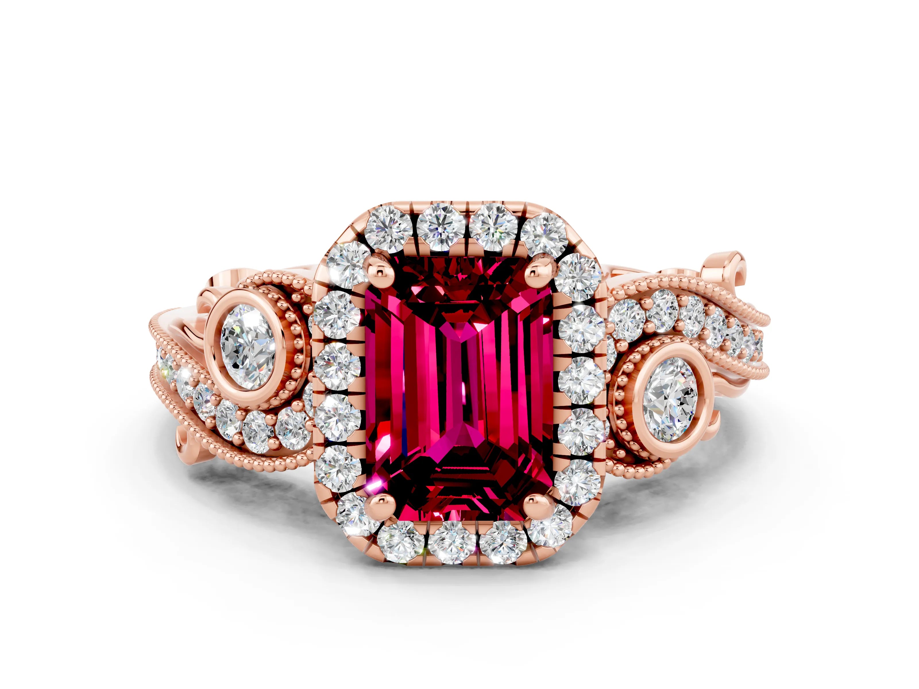 Rose gold Emerald Cut Garnet Halo Ring with Milgrain Pavé Band and Four-Prong Setting_12