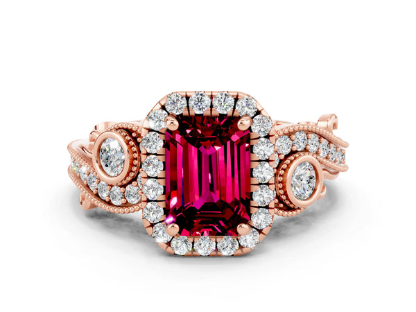 Rose gold Emerald Cut Garnet Halo Ring with Milgrain Pavé Band and Four-Prong Setting