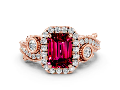 Rose gold Emerald Cut Garnet Halo Ring with Milgrain Pavé Band and Four-Prong Setting_12