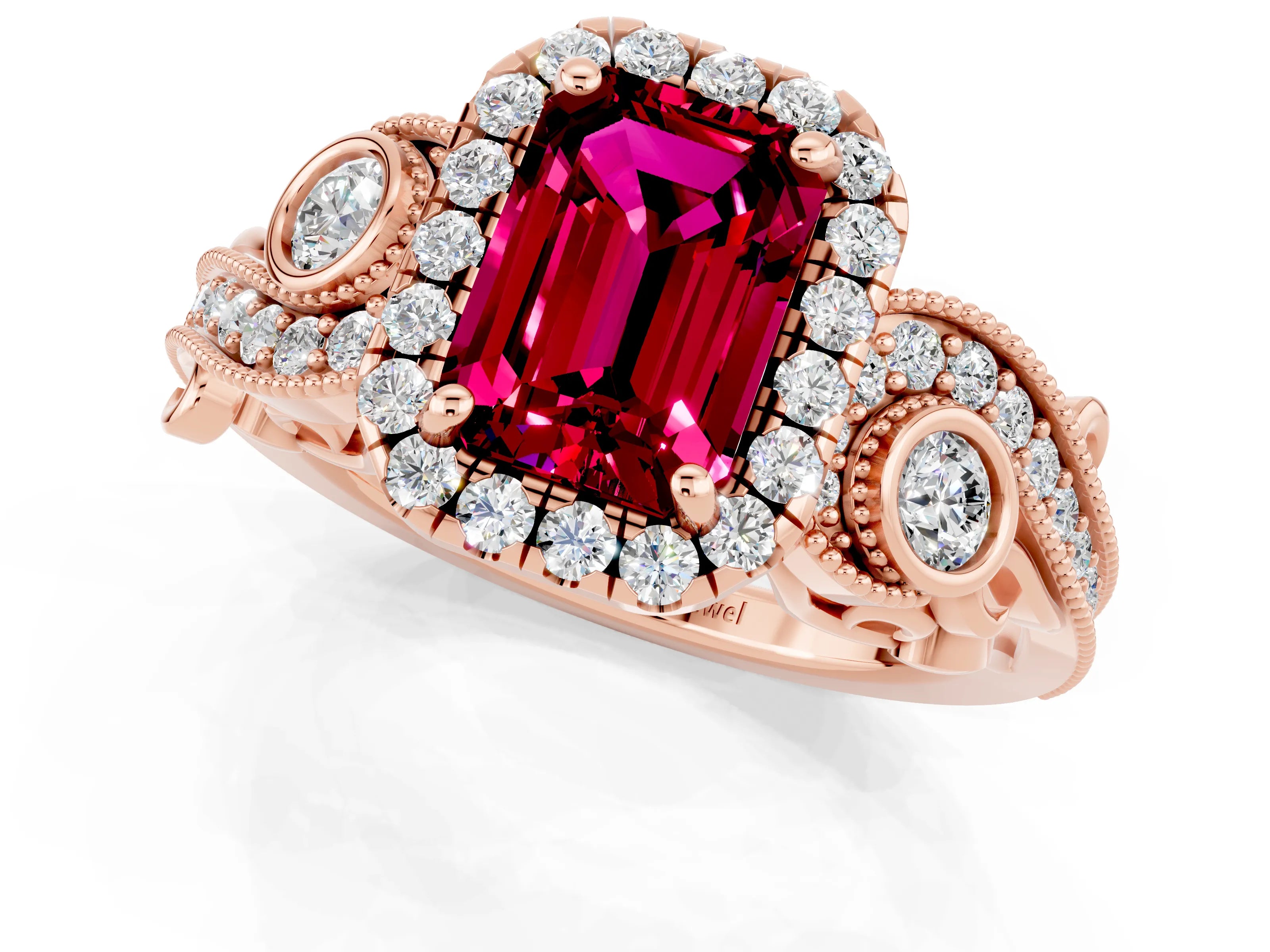 Rose gold Emerald Cut Garnet Halo Ring with Milgrain Pavé Band and Four-Prong Setting_13