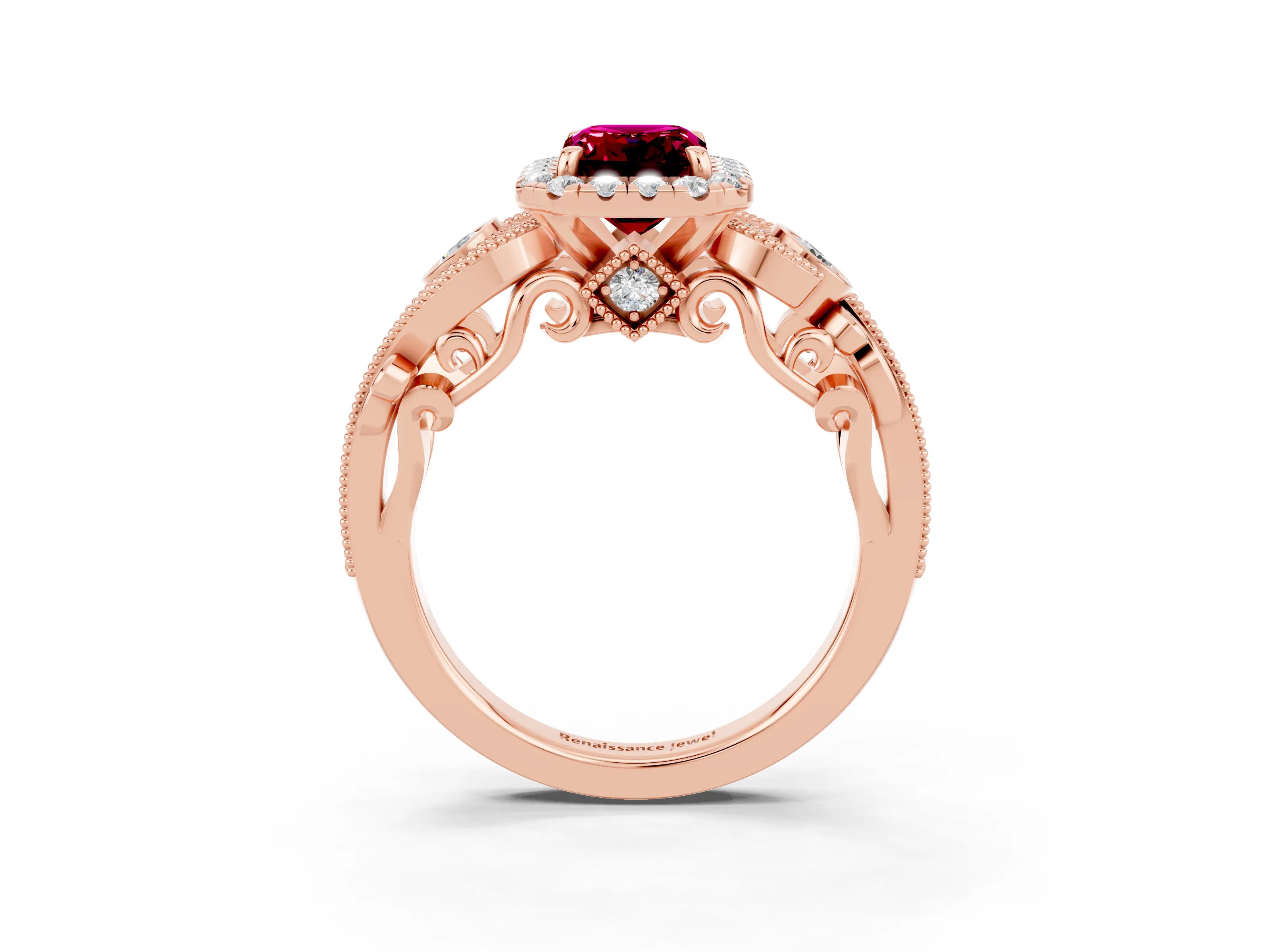 Rose gold Emerald Cut Garnet Halo Ring with Milgrain Pavé Band and Four-Prong Setting_15