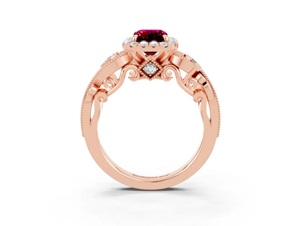 Rose gold Emerald Cut Garnet Halo Ring with Milgrain Pavé Band and Four-Prong Setting