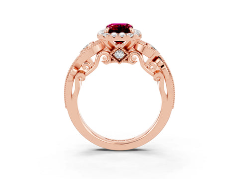 Rose gold Emerald Cut Garnet Halo Ring with Milgrain Pavé Band and Four-Prong Setting_15