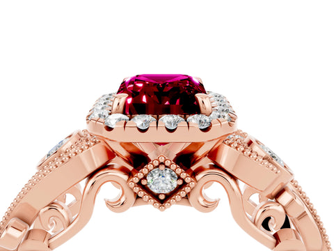 Rose gold Emerald Cut Garnet Halo Ring with Milgrain Pavé Band and Four-Prong Setting_16