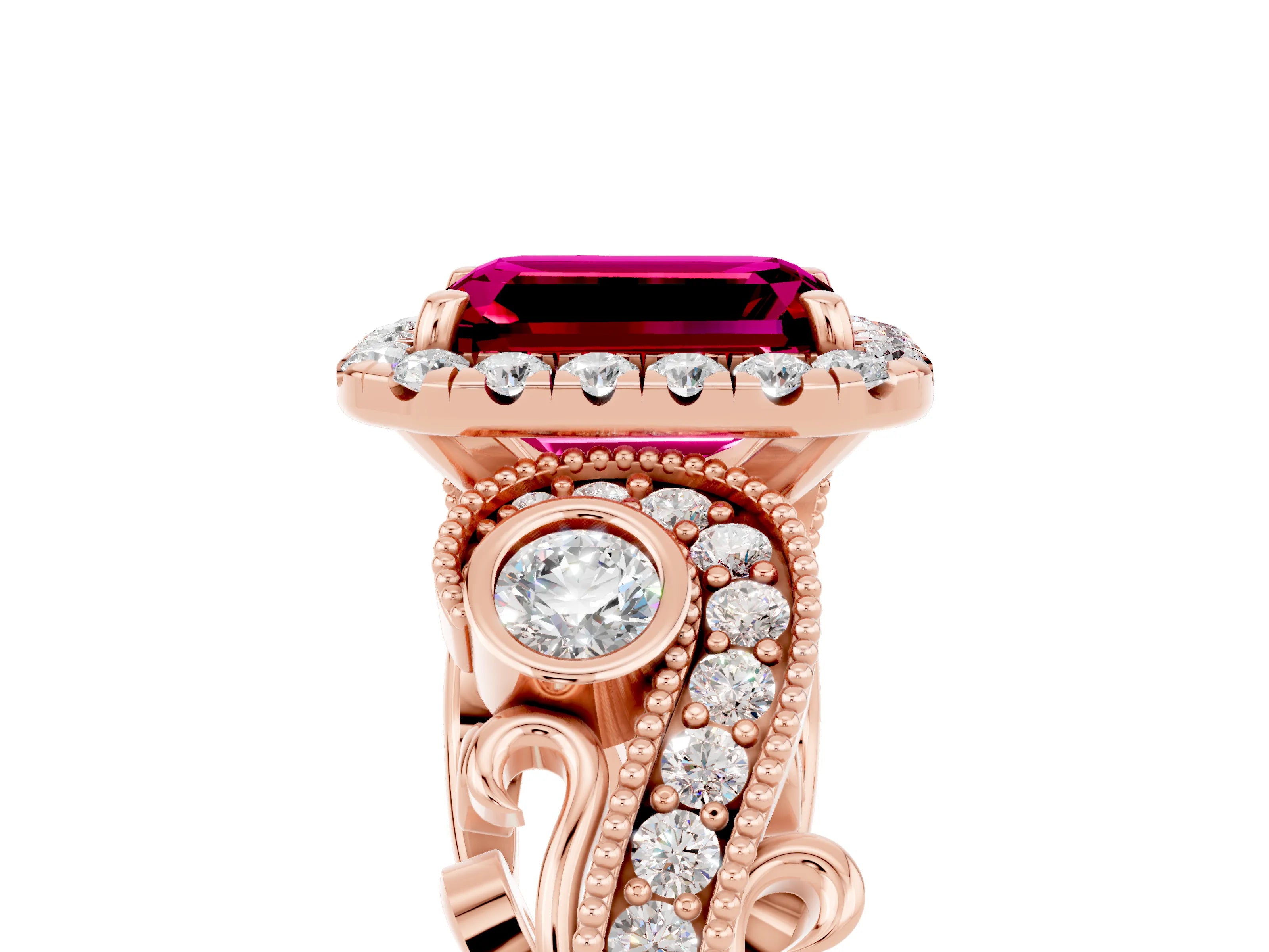 Rose gold Emerald Cut Garnet Halo Ring with Milgrain Pavé Band and Four-Prong Setting_17