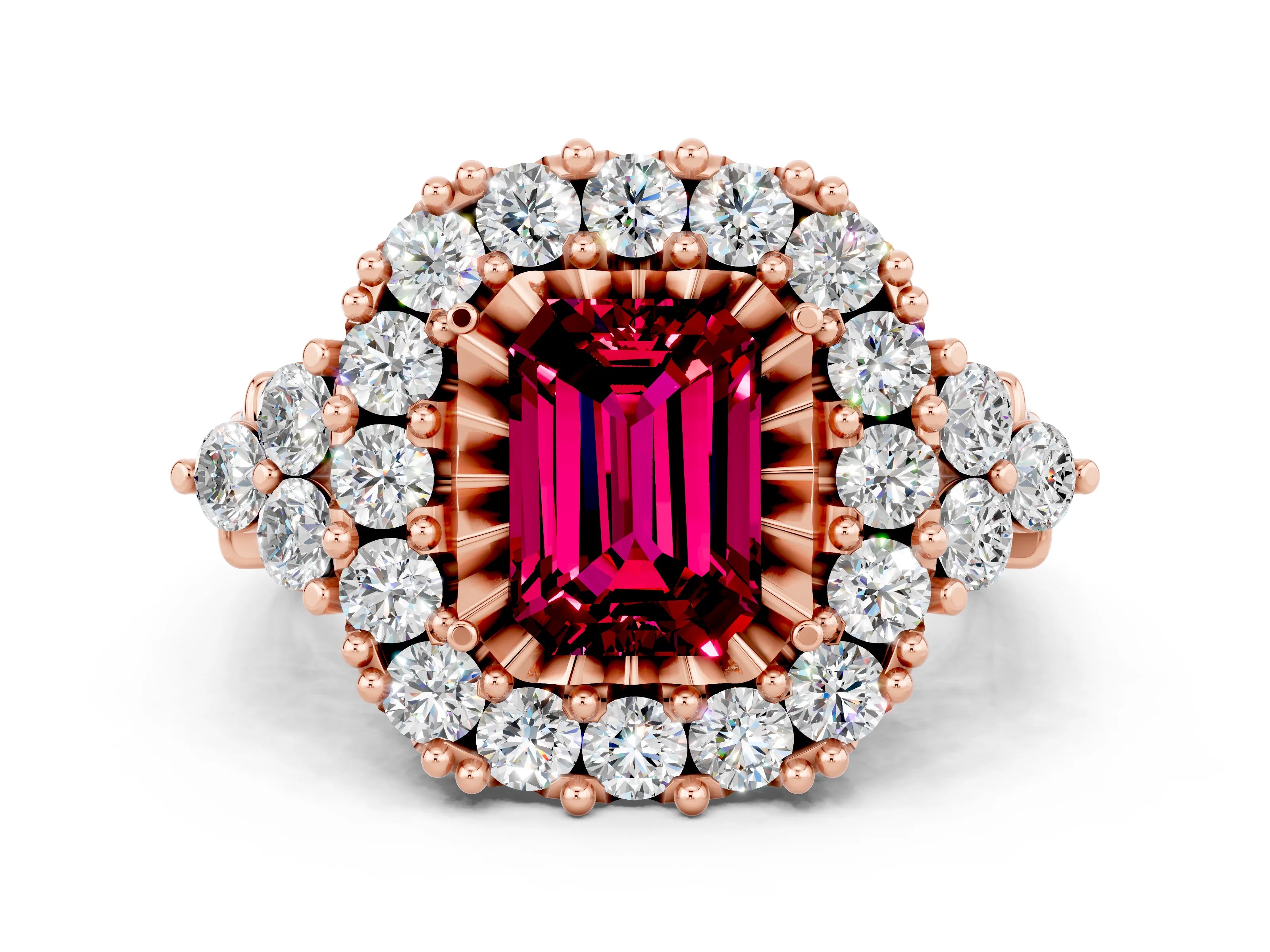 Rose gold Emerald Cut Garnet Halo Ring with Pavé Band and Four-Prong Setting_12