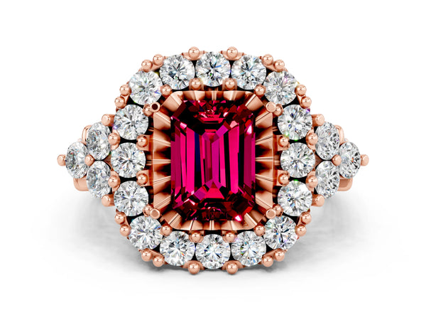 Rose gold Emerald Cut Garnet Halo Ring with Pavé Band and Four-Prong Setting