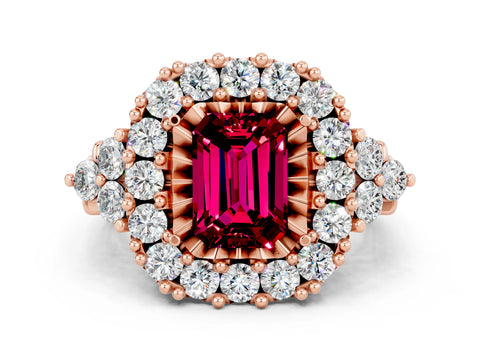 Rose gold Emerald Cut Garnet Halo Ring with Pavé Band and Four-Prong Setting_12