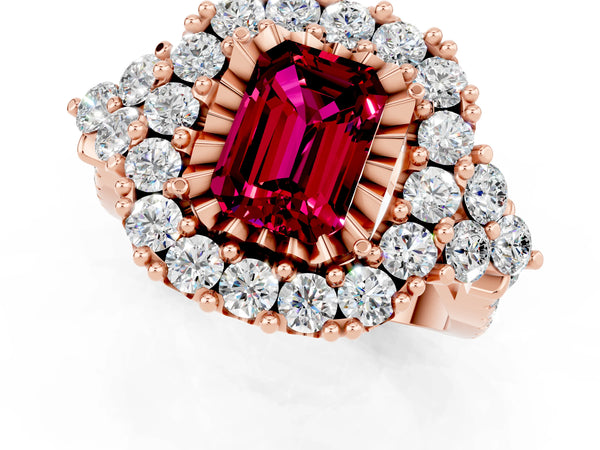 Rose gold Emerald Cut Garnet Halo Ring with Pavé Band and Four-Prong Setting