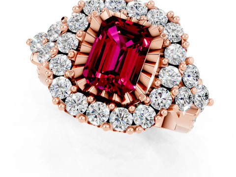 Rose gold Emerald Cut Garnet Halo Ring with Pavé Band and Four-Prong Setting_13