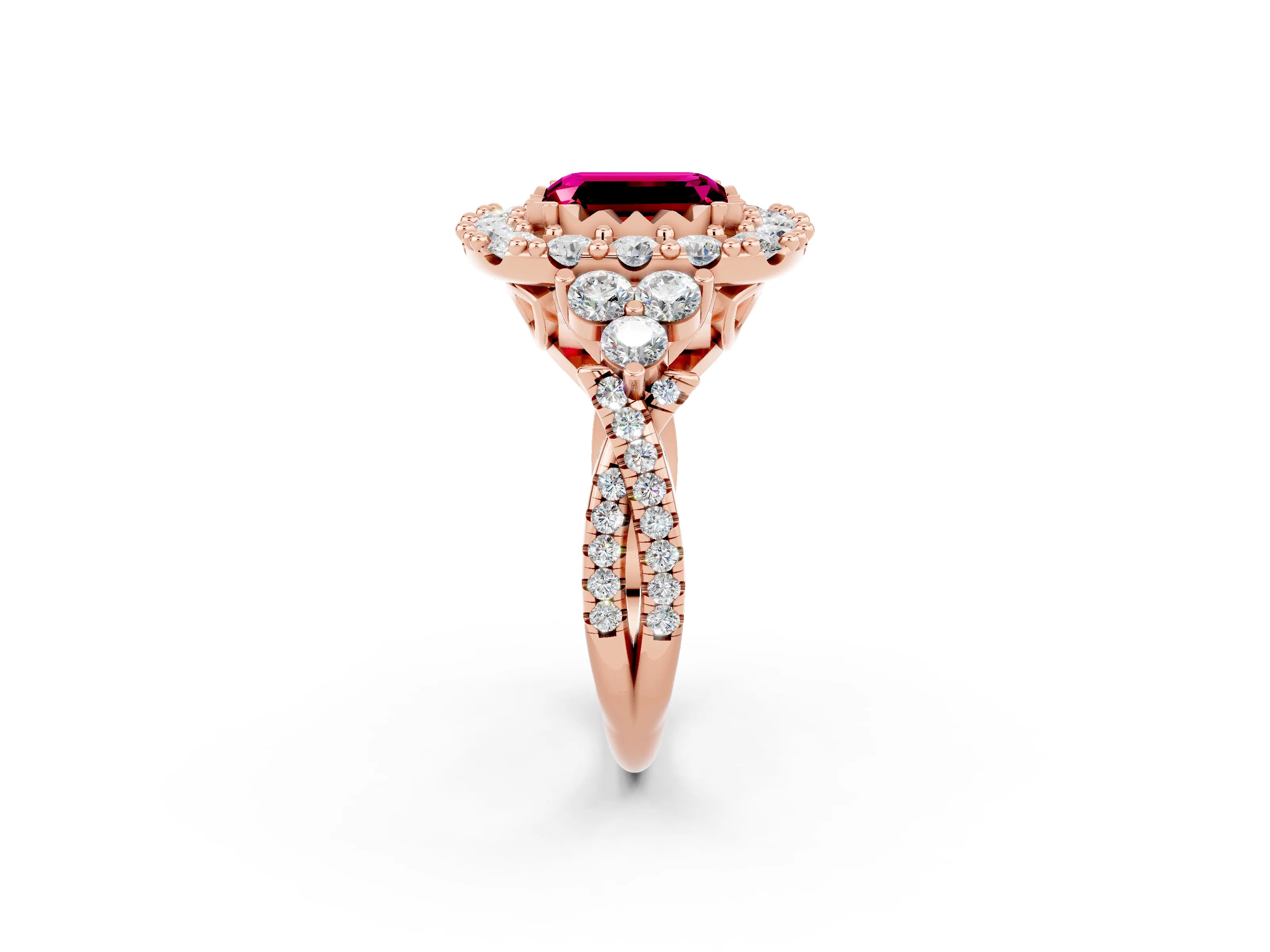 Rose gold Emerald Cut Garnet Halo Ring with Pavé Band and Four-Prong Setting_14