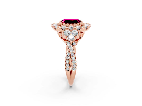 Rose gold Emerald Cut Garnet Halo Ring with Pavé Band and Four-Prong Setting