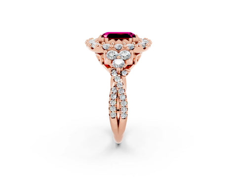 Rose gold Emerald Cut Garnet Halo Ring with Pavé Band and Four-Prong Setting_14