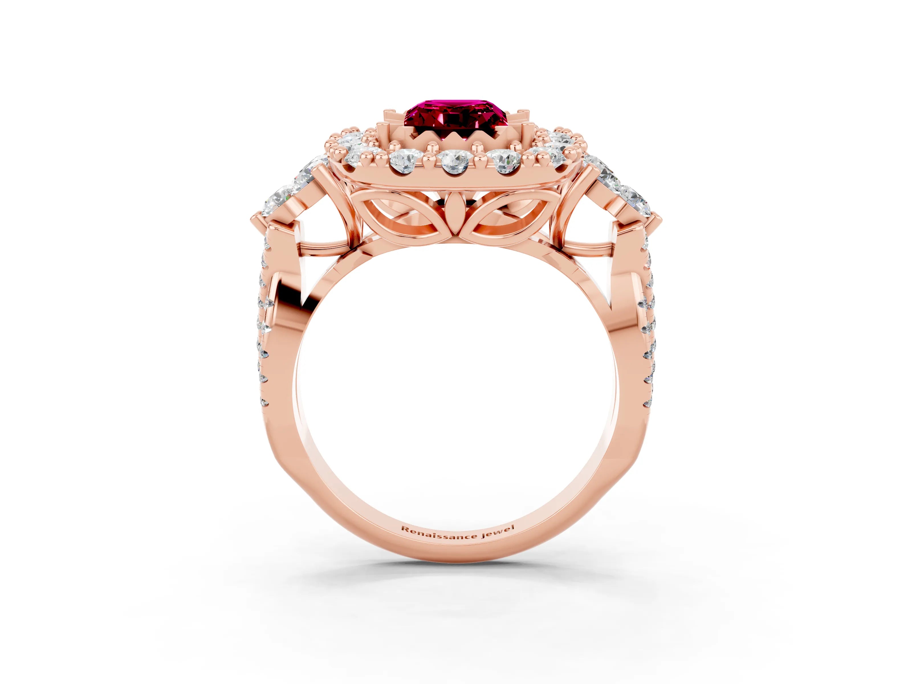 Rose gold Emerald Cut Garnet Halo Ring with Pavé Band and Four-Prong Setting_15