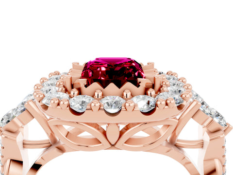 Rose gold Emerald Cut Garnet Halo Ring with Pavé Band and Four-Prong Setting_16