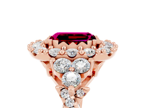 Rose gold Emerald Cut Garnet Halo Ring with Pavé Band and Four-Prong Setting_17