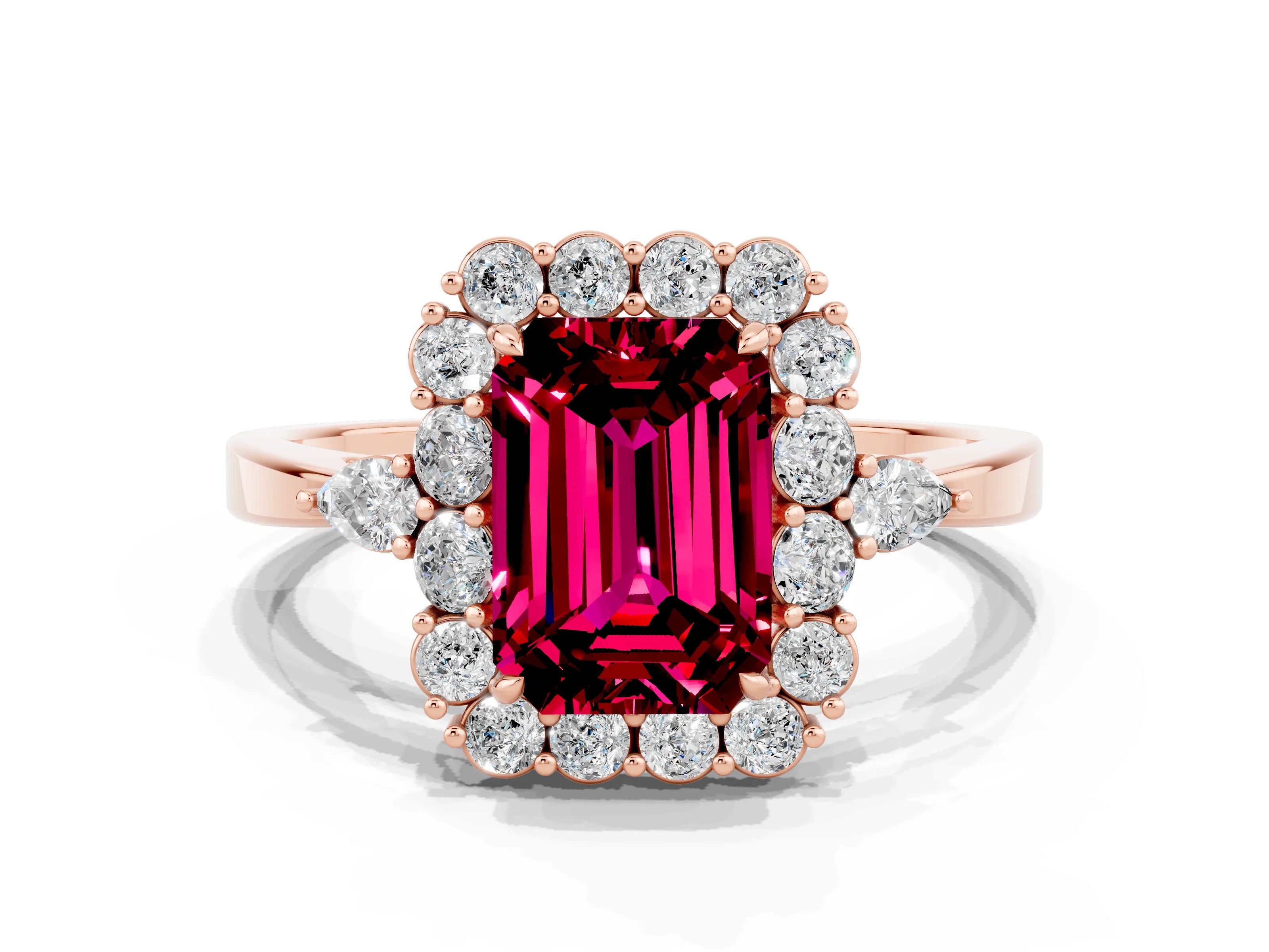 Rose gold Emerald Cut Garnet Halo Ring with Pear Side Stones and Prong Setting_12