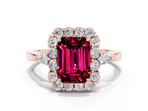 Rose gold Emerald Cut Garnet Halo Ring with Pear Side Stones and Prong Setting_12