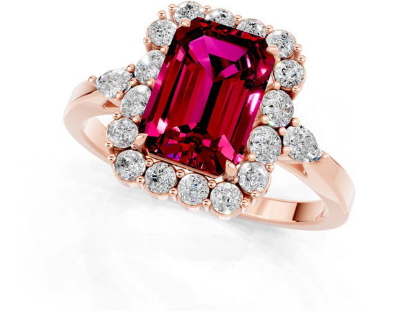 Rose gold Emerald Cut Garnet Halo Ring with Pear Side Stones and Prong Setting