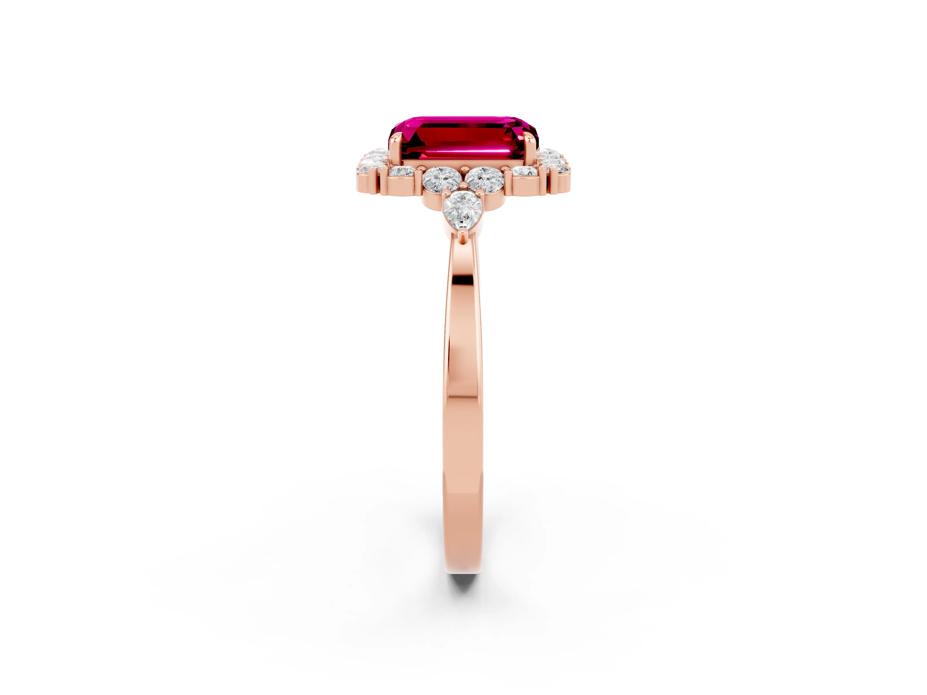 Rose gold Emerald Cut Garnet Halo Ring with Pear Side Stones and Prong Setting_14
