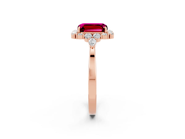 Rose gold Emerald Cut Garnet Halo Ring with Pear Side Stones and Prong Setting