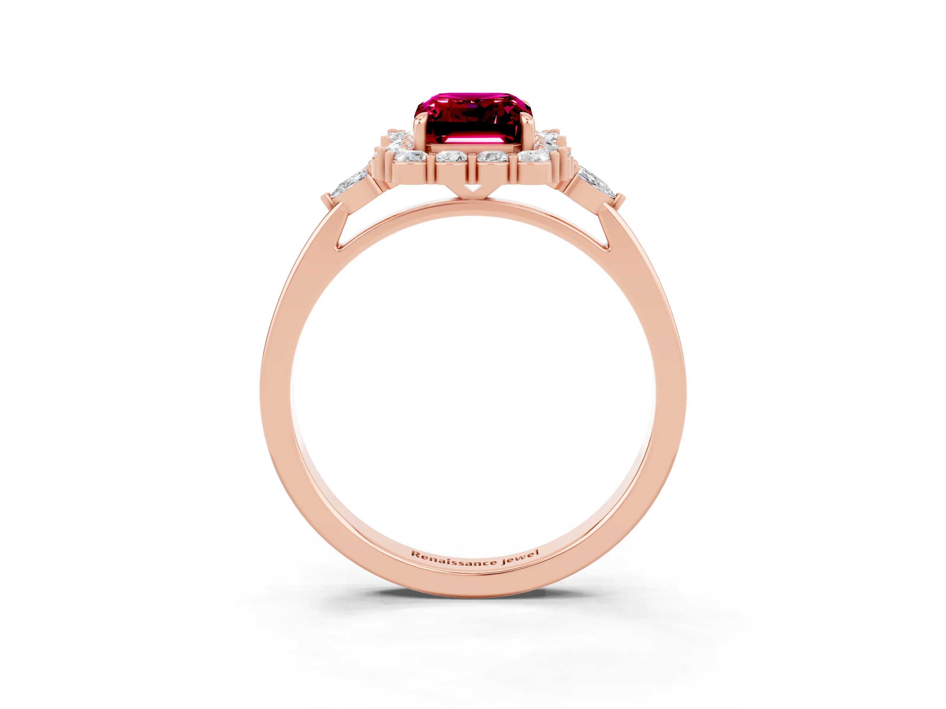 Rose gold Emerald Cut Garnet Halo Ring with Pear Side Stones and Prong Setting_15