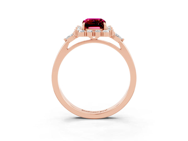 Rose gold Emerald Cut Garnet Halo Ring with Pear Side Stones and Prong Setting