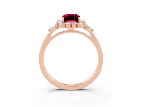 Rose gold Emerald Cut Garnet Halo Ring with Pear Side Stones and Prong Setting_15