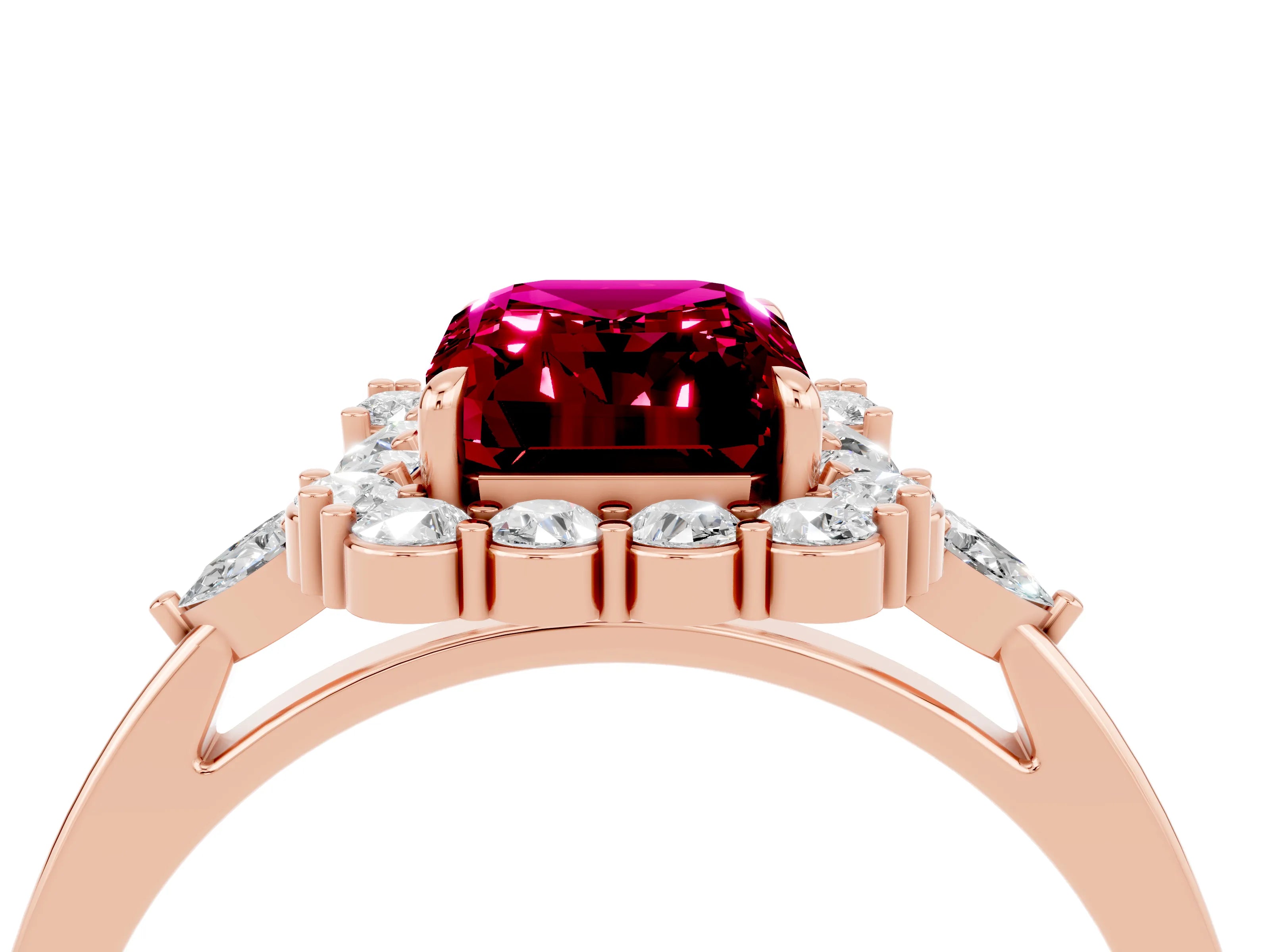 Rose gold Emerald Cut Garnet Halo Ring with Pear Side Stones and Prong Setting_16