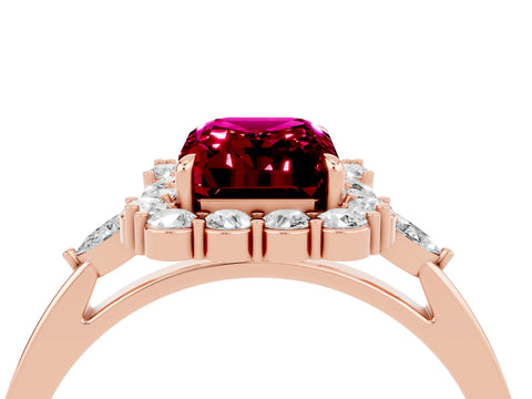 Rose gold Emerald Cut Garnet Halo Ring with Pear Side Stones and Prong Setting_16