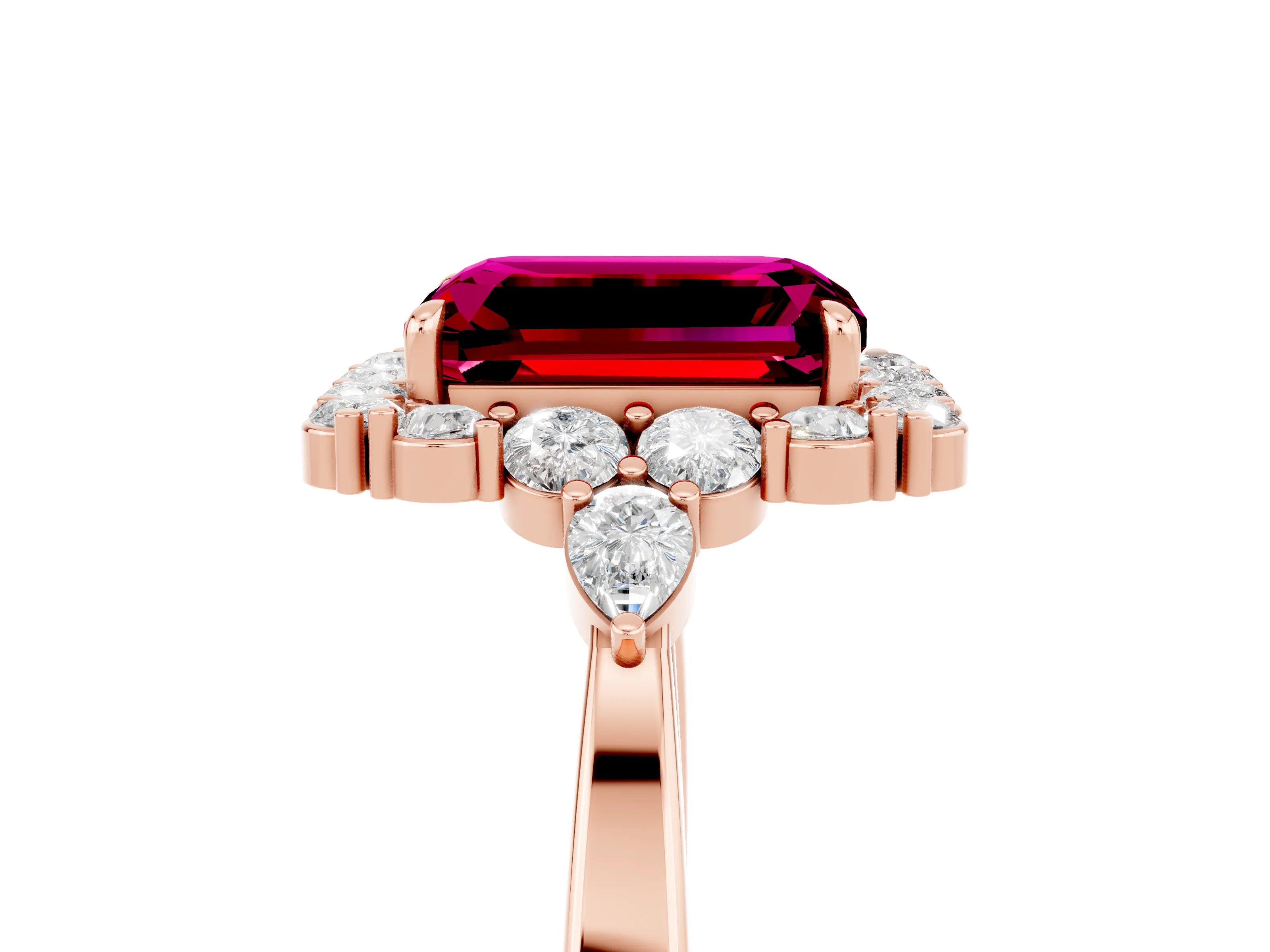 Rose gold Emerald Cut Garnet Halo Ring with Pear Side Stones and Prong Setting_17