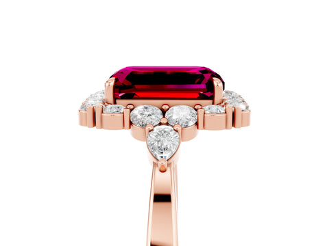 Rose gold Emerald Cut Garnet Halo Ring with Pear Side Stones and Prong Setting_17
