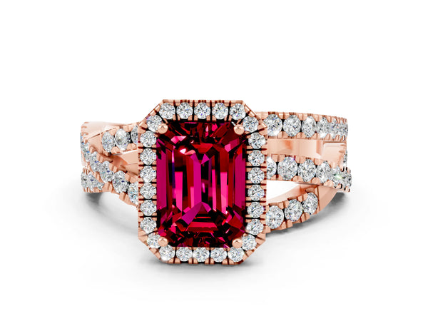 Rose gold Emerald Cut Garnet Halo Ring with Round Split Shank and Prong Setting