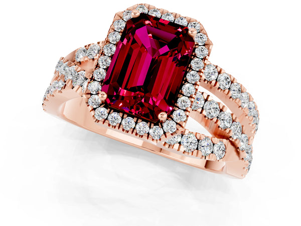 Rose gold Emerald Cut Garnet Halo Ring with Round Split Shank and Prong Setting
