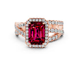 Rose gold Emerald Cut Garnet Halo Ring with Round Split Shank and Prong Setting_66