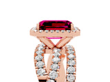 Rose gold Emerald Cut Garnet Halo Ring with Round Split Shank and Prong Setting_71
