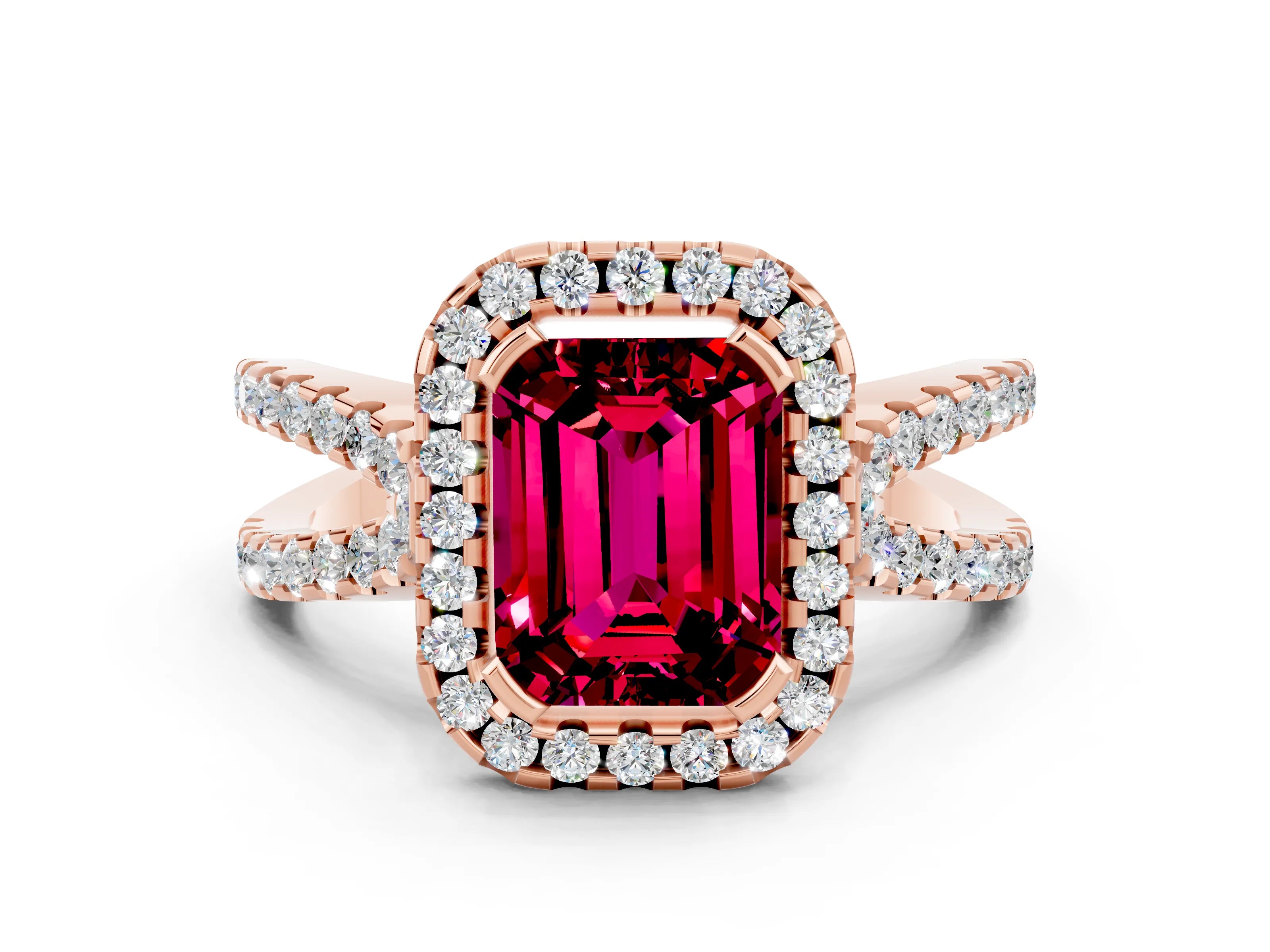 Rose gold Emerald Cut Garnet Halo Ring with Split Shank Pavé Band and Prong Setting