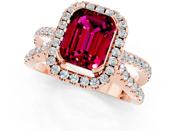 Rose gold Emerald Cut Garnet Halo Ring with Split Shank Pavé Band and Prong Setting